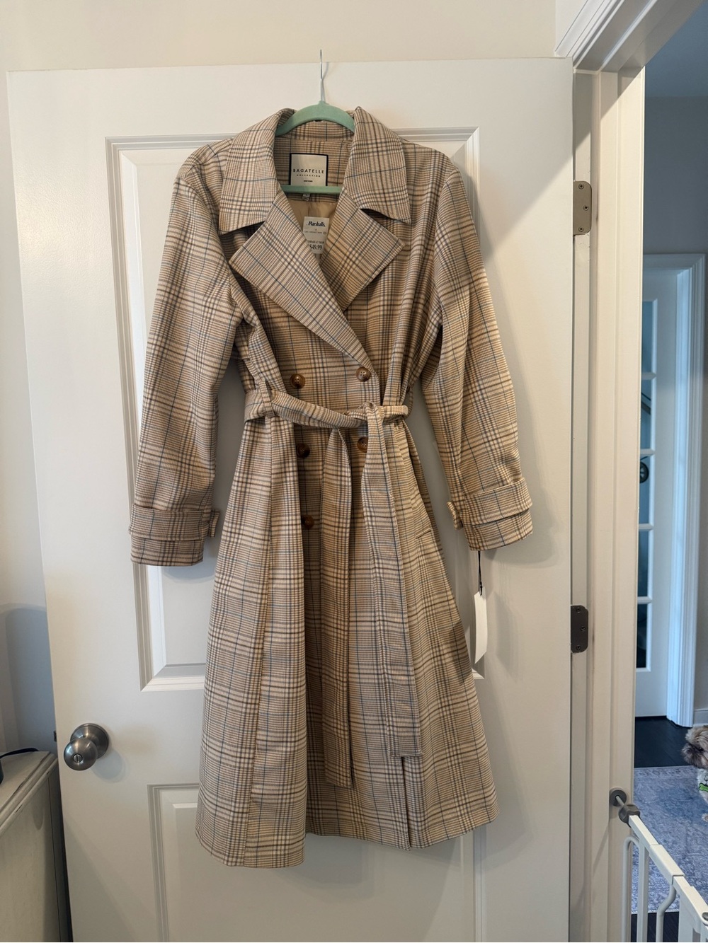 bagatelle Beige Plaid Double-Breasted Trench Coat
